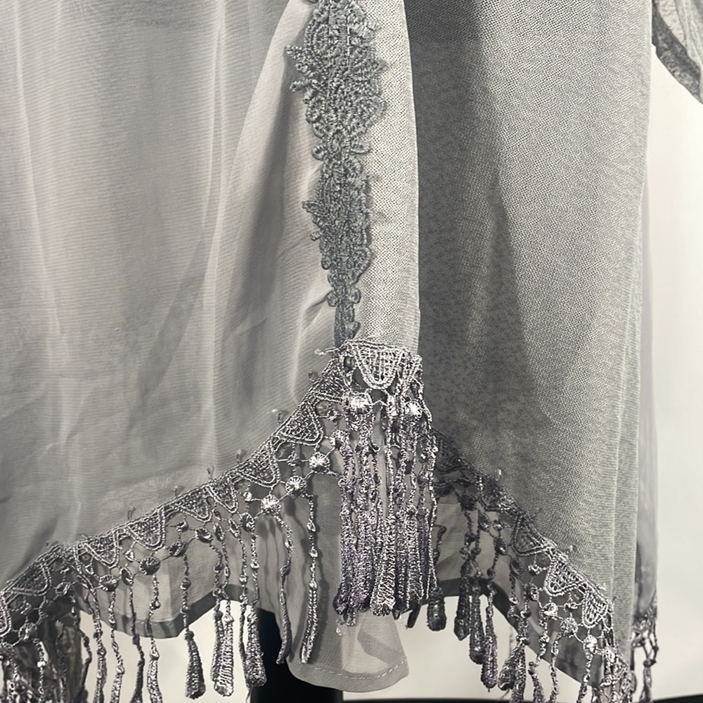 Pretty Angel Tunic,Dress,Fringe details,Sheer, Long Sleeve,Gray, Small,NWT - Picture 11 of 13